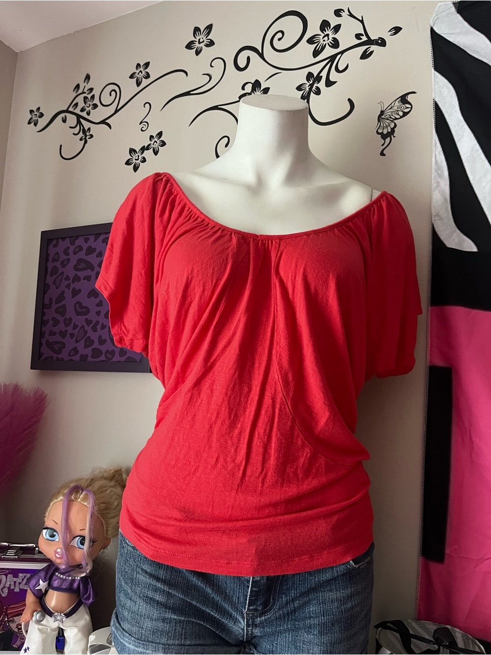 Dynamite Coral-Red Off-Shoulder Short Sleeve Top